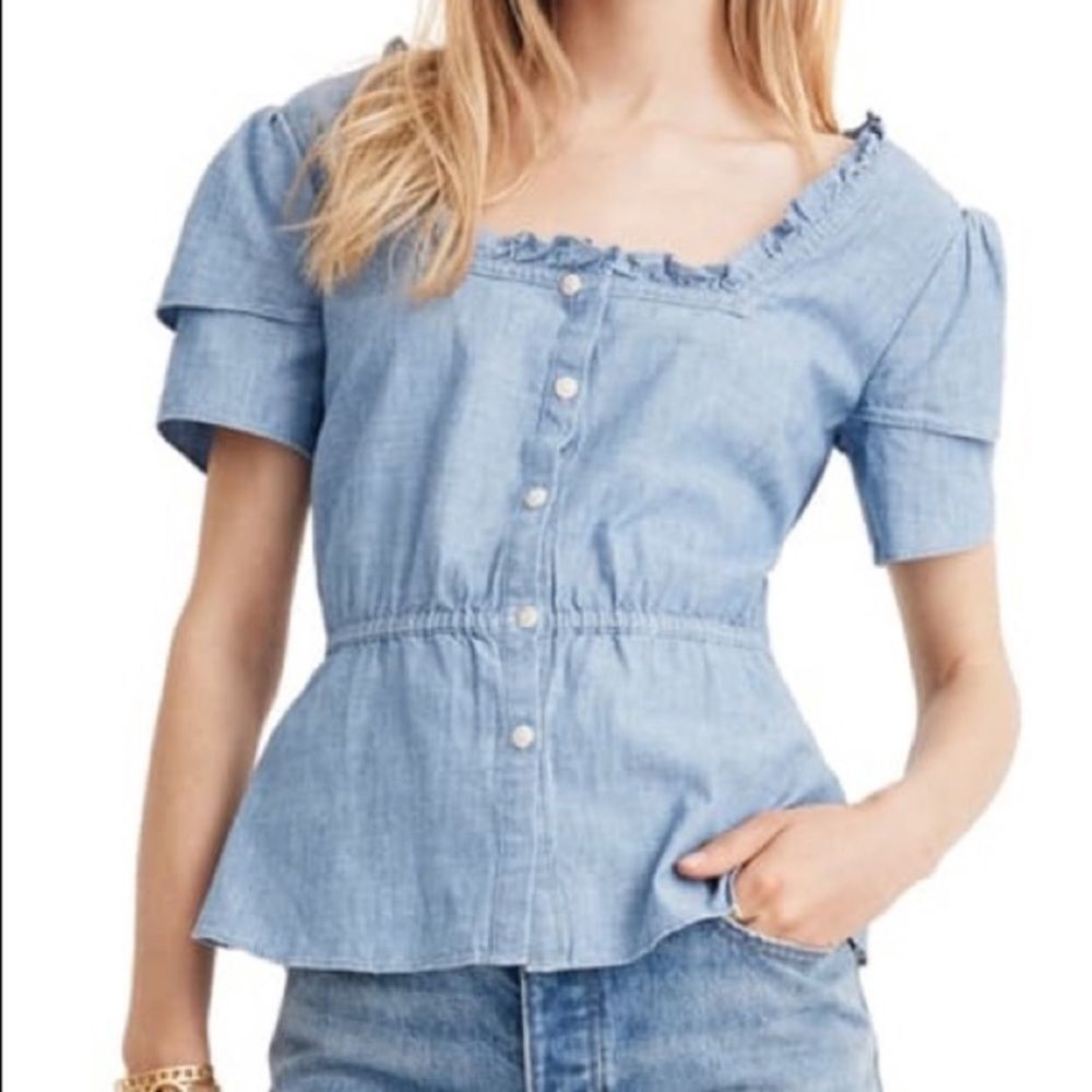 Madewell Ruffle Sleeve Chambray Peplum Top